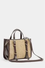 Sac à main et bandoulière style bohème en cuir et paille tricotée pour femme, marron