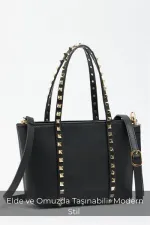 Sac à main et à bandoulière en cuir PU noir pour femme, petit format, avec boucle et détails cloutés Sac à main et à bandoulière en cuir PU noir pour femme, petit format, avec boucle et détails cloutés