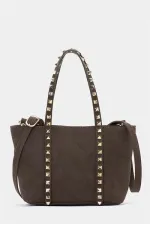Petit sac à main et à bandoulière en cuir PU avec boucle et détails cloutés en daim marron