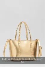 Gold Women's Small Size Stud Detailed PU Leather Buckle Hand and Shoulder Bag