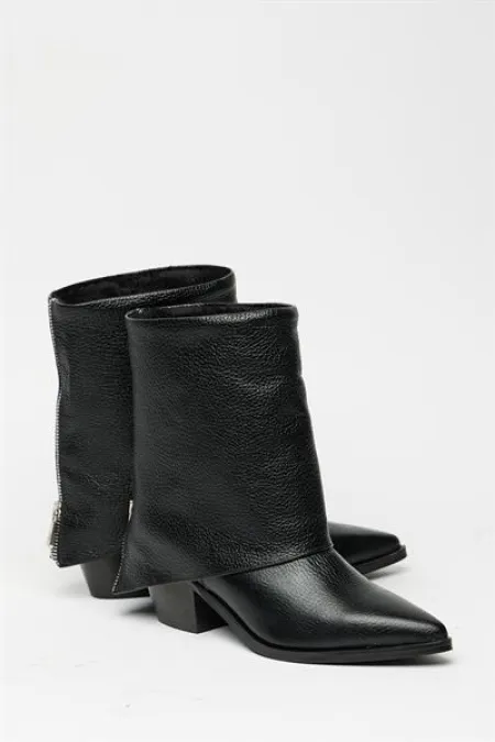 Bottes western noires à talons pour femme en cuir véritable – Bout pointu et fermeture éclair