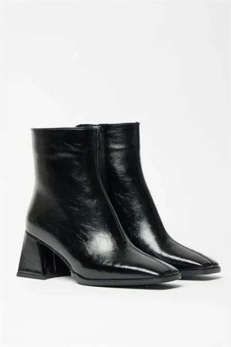 Bottes et bottines en cuir verni noir pour femmes, bout arrondi, talon contrasté, cuir PU, fermeture éclair, élégantes