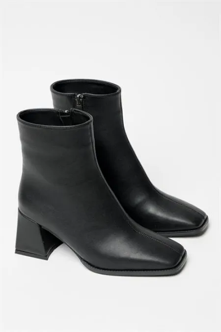 Bottes et bottines noires pour femmes, bout rond, talon contrasté, cuir PU, fermeture éclair, élégantes