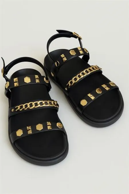 Sandales d'été bohème chic à semelle épaisse pour femme avec chaîne et détails en métal doré noir Sandales d'été bohème chic à semelle épaisse pour femme avec chaîne et détails en métal doré noir