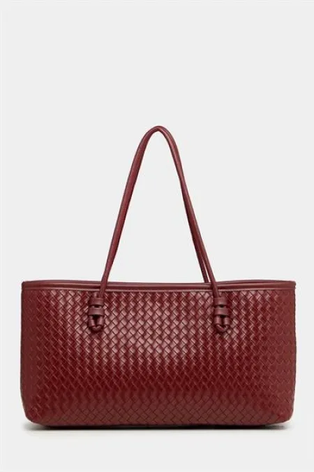 Sac à main et à bandoulière en cuir PU à motifs tricotés – Élégant format large bordeaux Sac à main et à bandoulière en cuir PU à motifs tricotés – Élégant format large bordeaux