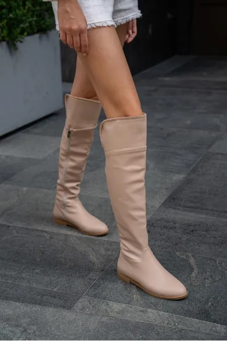 Bottes longues en cuir et vison pour femme avec détails en pierre