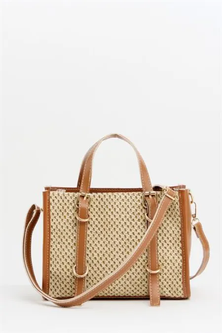 Sac à main et bandoulière style bohème en cuir et paille tricotée pour femme, couleur beige