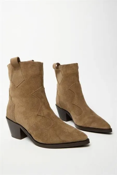 Bottes western cowboy camel en daim véritable pour femme – Bout pointu et talon