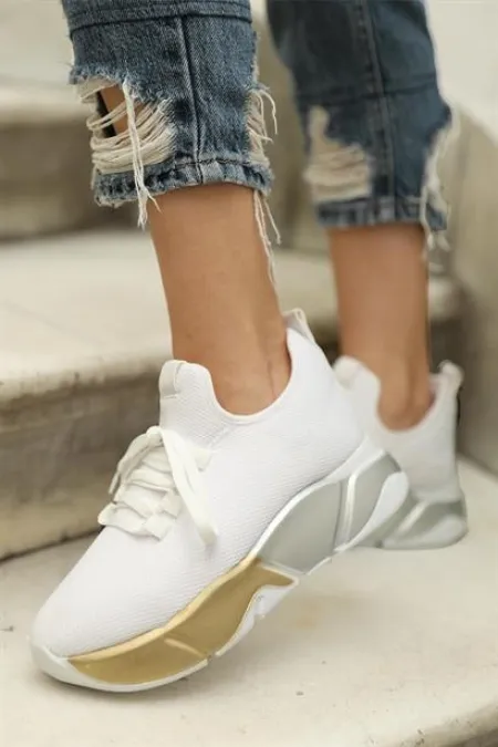 Baskets en maille à détails en dentelle et baskets décontractées Blanc-Platine