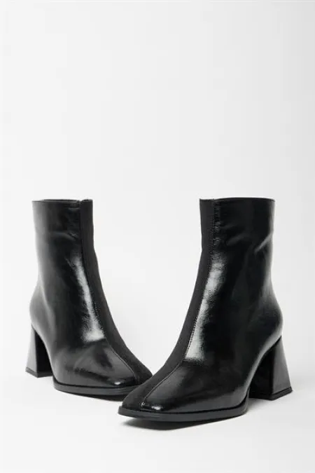 Bottes et bottines en daim verni noir pour femmes, talons à bout arrondi, cuir PU contrasté, fermeture éclair élégante