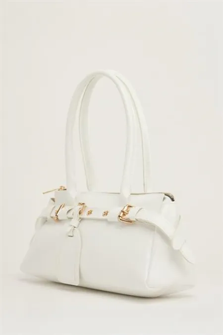Sac à main et bandoulière blanc avec ceinture à double boucle Sac à main et bandoulière blanc avec ceinture à double boucle