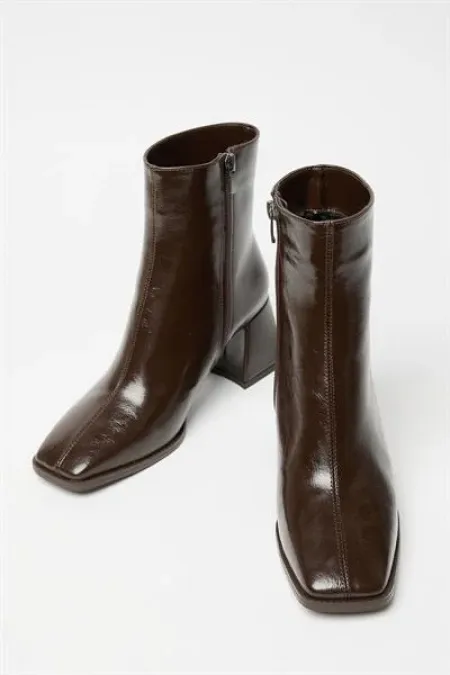 Bottes et bottines en cuir verni marron pour femmes, talons à bout arrondi, cuir PU contrasté, fermeture éclair élégante