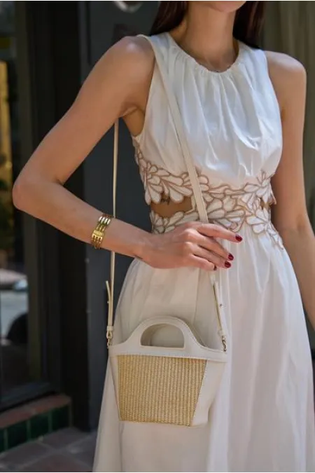 Mini sac bandoulière détaillé en paille Crème Paille