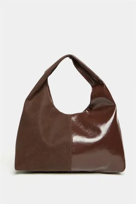 Sac cabas à bandoulière pour femme en daim marron et cuir verni contrasté - Modèle vintage souple Sac cabas à bandoulière pour femme en daim marron et cuir verni contrasté - Modèle vintage souple