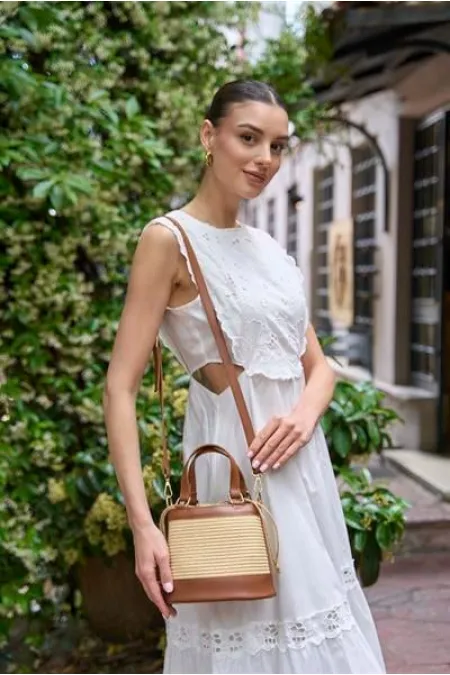 Sac seau en paille beige Madamra – Sac à main et à bandoulière en tricot style bohème pour femme [Été – Quotidien]