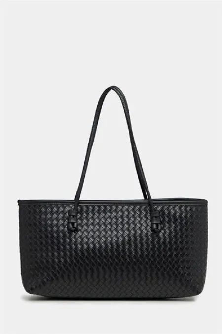 Sac à main et à bandoulière en cuir PU à motifs tricotés – Élégant format large noir Sac à main et à bandoulière en cuir PU à motifs tricotés – Élégant format large noir