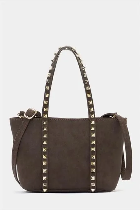 Petit sac à main et à bandoulière en cuir PU avec boucle et détails cloutés en daim marron Petit sac à main et à bandoulière en cuir PU avec boucle et détails cloutés en daim marron
