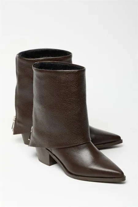 Bottes western à talons en cuir véritable marron pour femme – Bout pointu et fermeture éclair