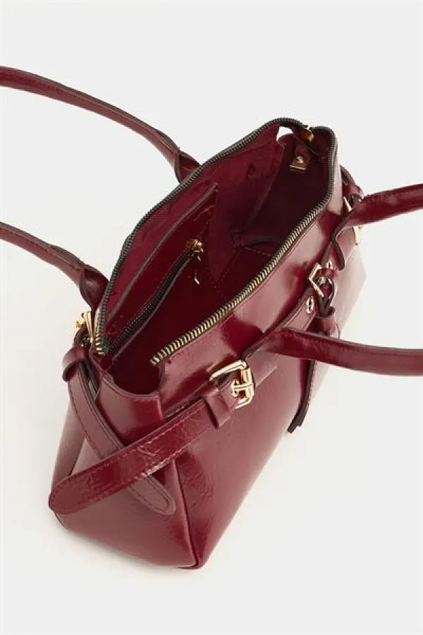 Double Buckle Belt Detailed Hand and Shoulder Bag, Claret Red