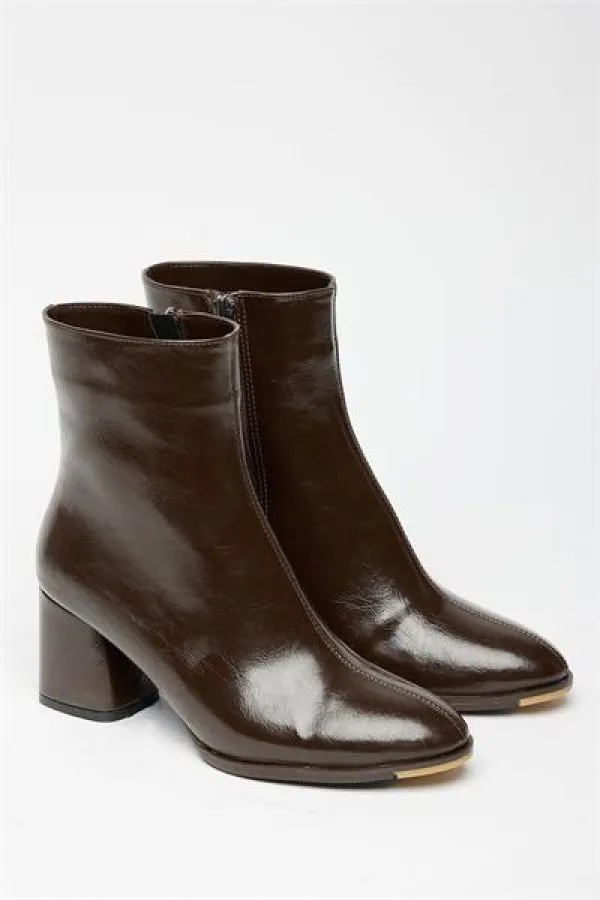Bottes et bottines à talons hauts en cuir verni marron pour femme – Modèle élégant pour tous les jours avec fermeture éclair