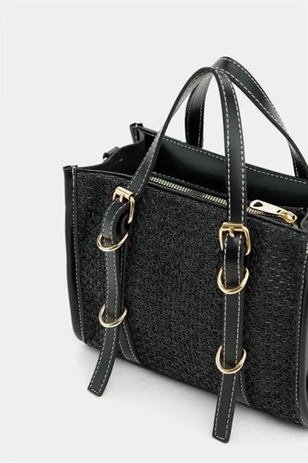 Sac à main et bandoulière style bohème en cuir et paille tricotée pour femme, noir