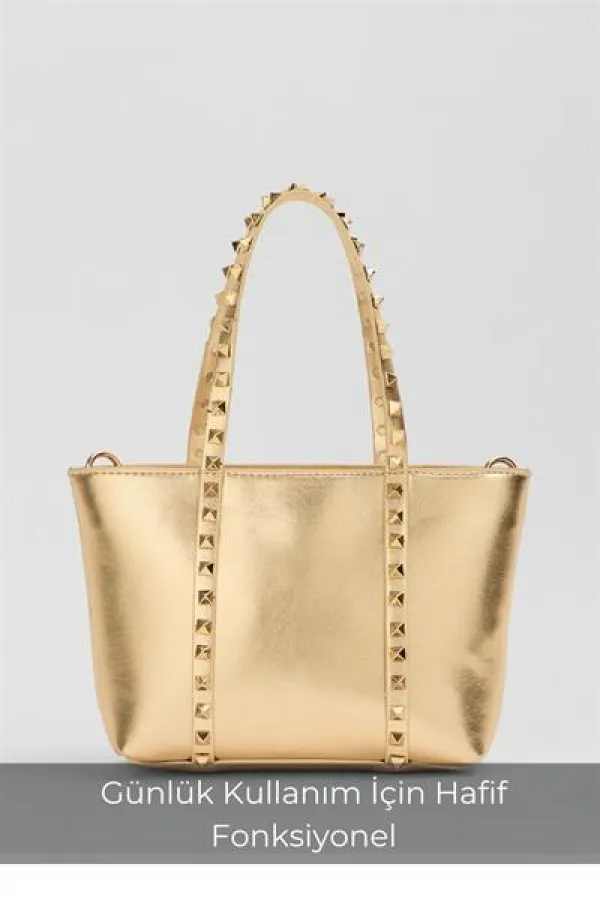 Gold Women's Small Size Stud Detailed PU Leather Buckle Hand and Shoulder Bag