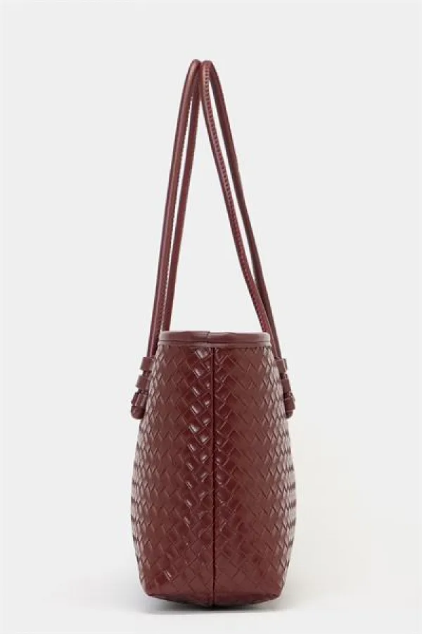 Sac à main et à bandoulière en cuir PU à motifs tricotés – Élégant format large bordeaux
