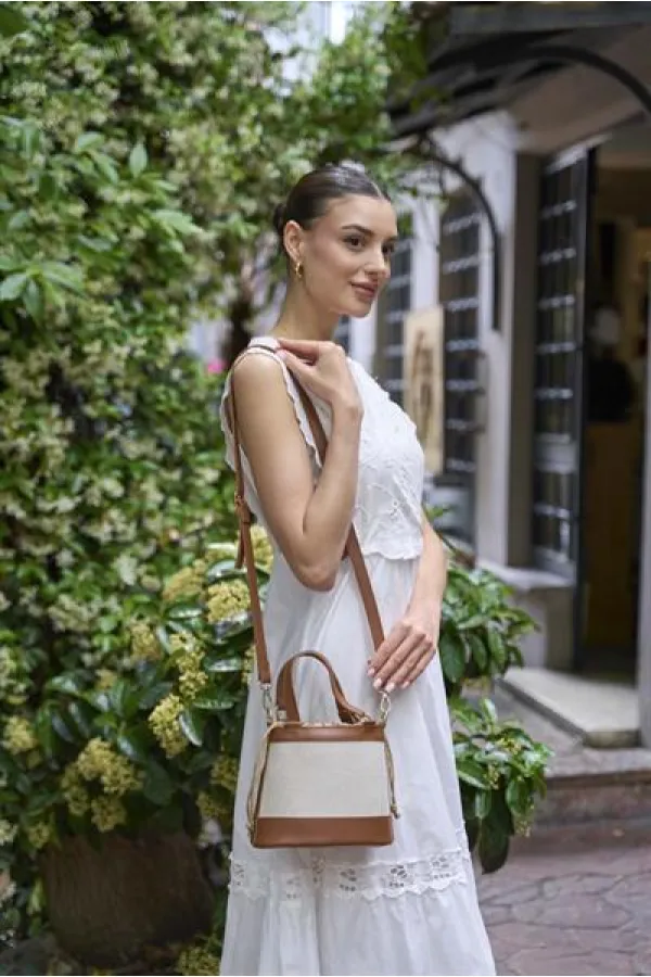 Sac seau à main et à bandoulière de style bohème en toile beige