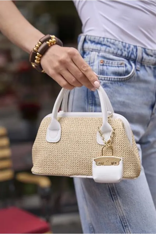 Mini sac à main texturé en osier blanc