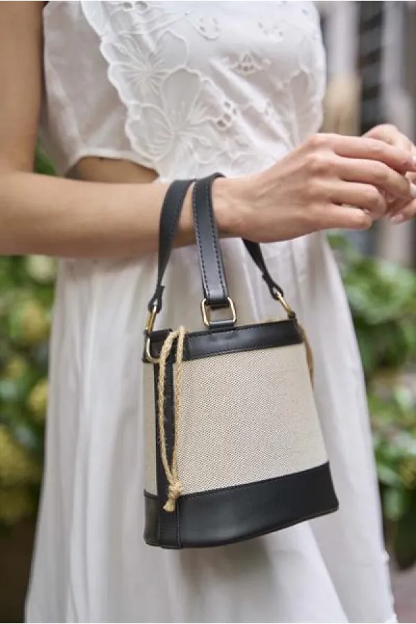 Sac à main seau et sac à bandoulière style bohème en toile - Noir