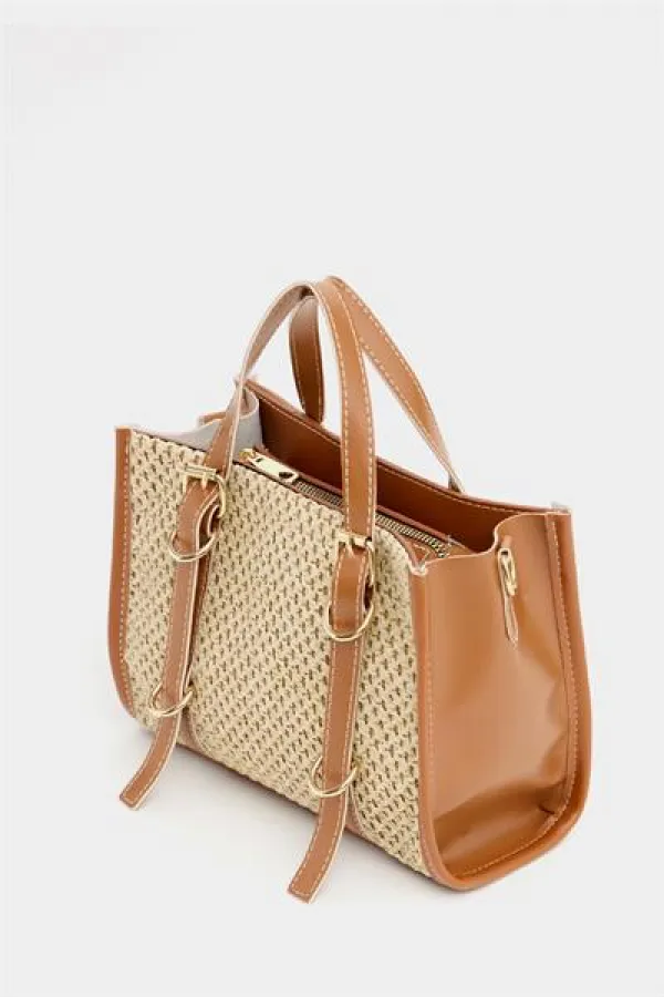 Sac à main et bandoulière style bohème en cuir et paille tricotée pour femme, couleur beige