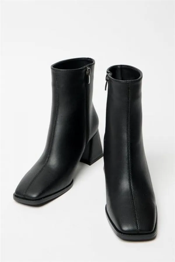 Bottes et bottines noires pour femmes, bout rond, talon contrasté, cuir PU, fermeture éclair, élégantes