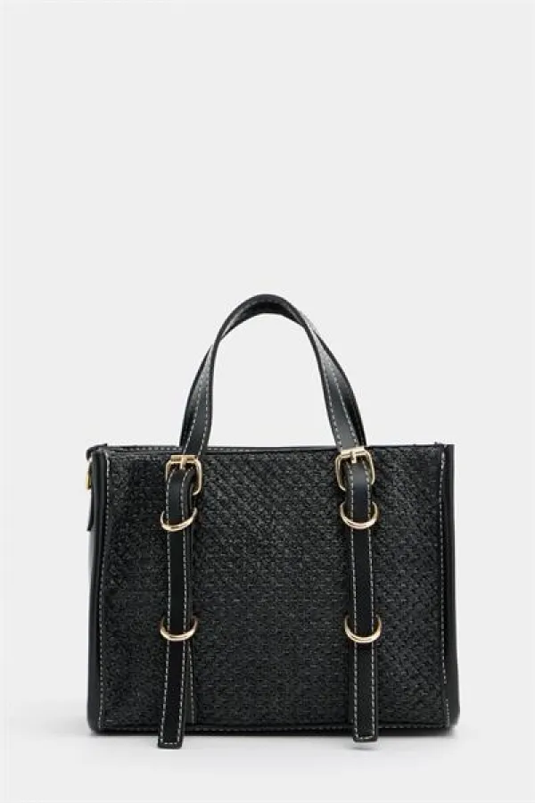 Sac à main et bandoulière style bohème en cuir et paille tricotée pour femme, noir