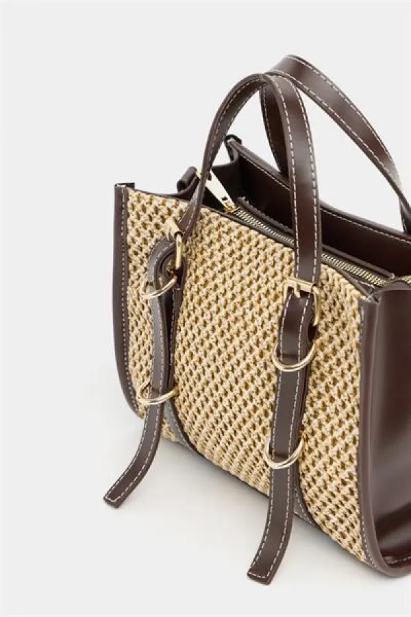 Sac à main et bandoulière style bohème en cuir et paille tricotée pour femme, marron