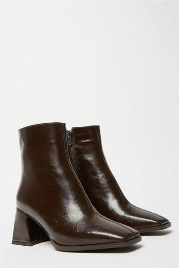 Bottes et bottines en cuir verni marron pour femmes, talons à bout arrondi, cuir PU contrasté, fermeture éclair élégante
