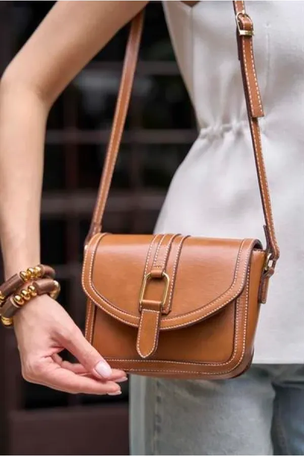 Buckled Leather Look Mini Hand and Shoulder Bag Tan