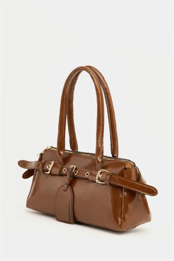 Double Buckle Belt Detailed Hand and Shoulder Bag Tan