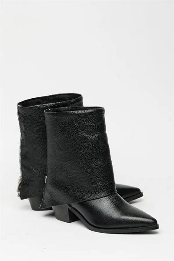 Bottes western noires à talons pour femme en cuir véritable – Bout pointu et fermeture éclair Bottes western noires à talons pour femme en cuir véritable – Bout pointu et fermeture éclair
