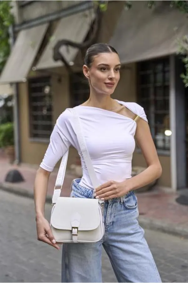 Trendy Casual Buckled Hand and Shoulder Bag White