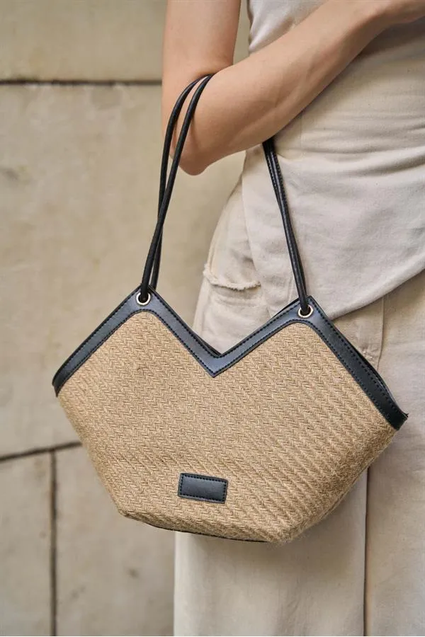 Sac cabas zippé en paille noire
