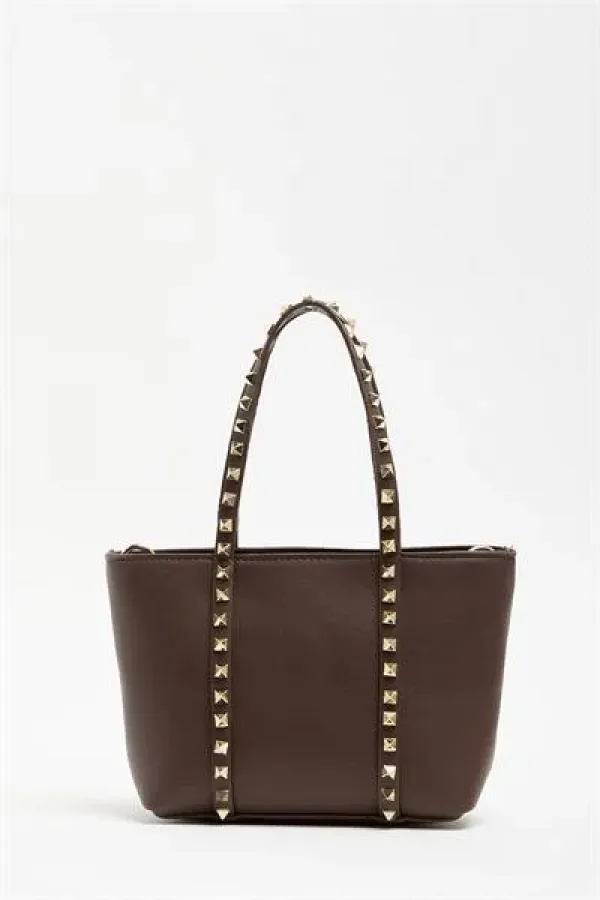 Sac à main et à bandoulière en cuir synthétique marron pour femme, petit format, avec boucle et détails cloutés Sac à main et à bandoulière en cuir synthétique marron pour femme, petit format, avec boucle et détails cloutés