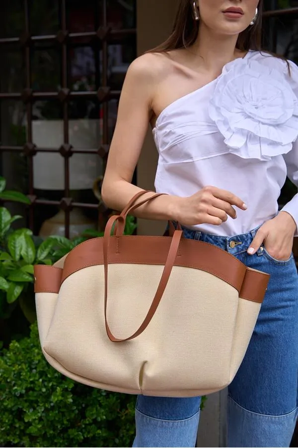 Sac fourre-tout contrasté beige