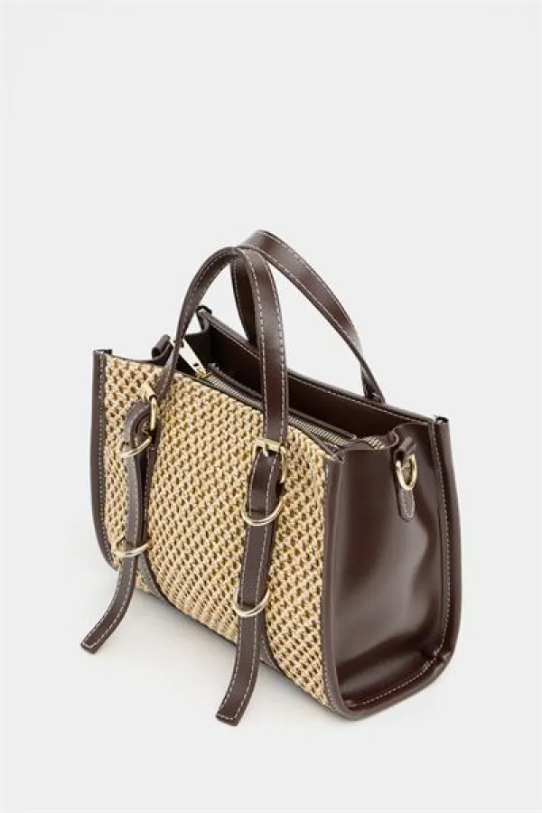 Sac à main et bandoulière style bohème en cuir et paille tricotée pour femme, marron