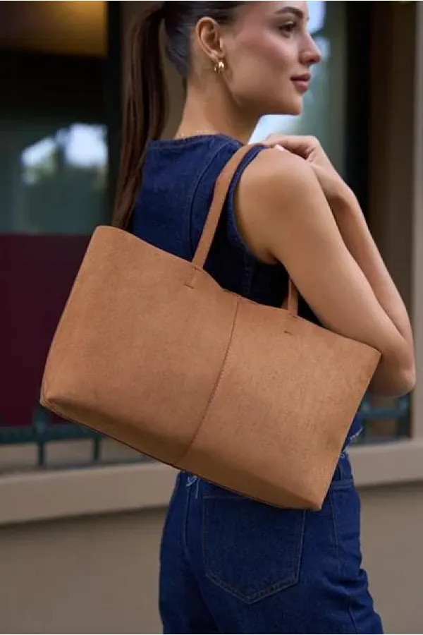Minimal Tote El Ve Omuz Çantası Taba Süet