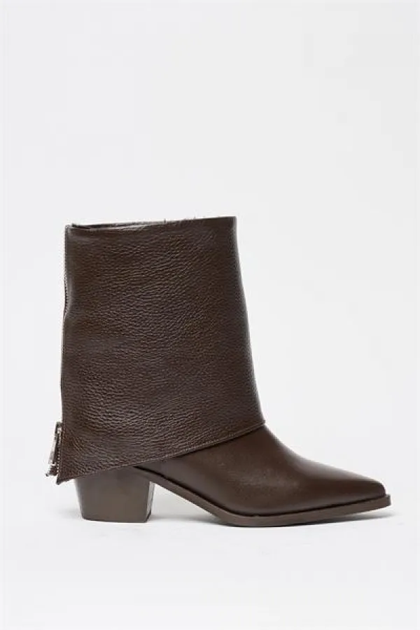 Bottes western à talons en cuir véritable marron pour femme – Bout pointu et fermeture éclair