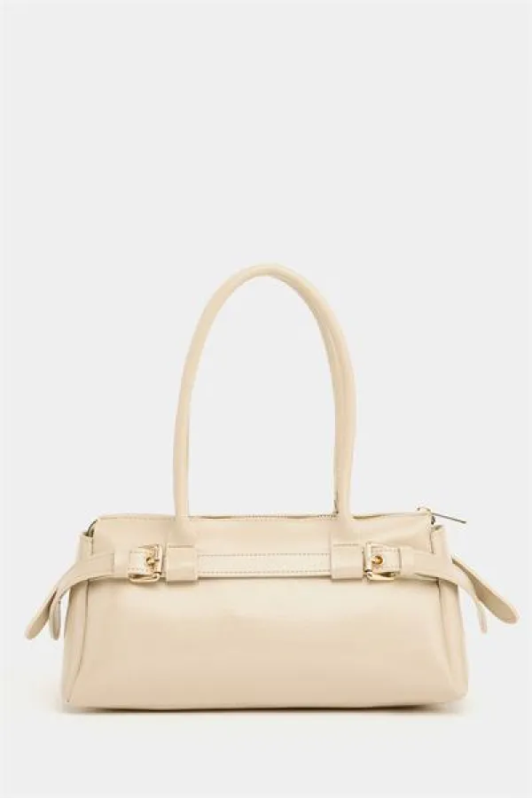 Sac à main et à bandoulière détaillé avec ceinture à double boucle, couleur vison