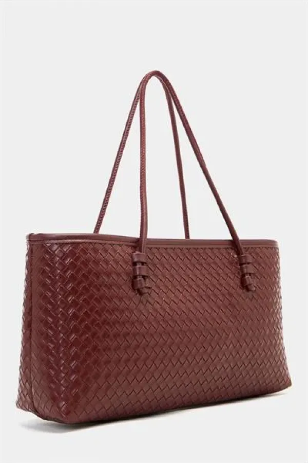 Sac à main et à bandoulière en cuir PU à motifs tricotés – Élégant format large bordeaux