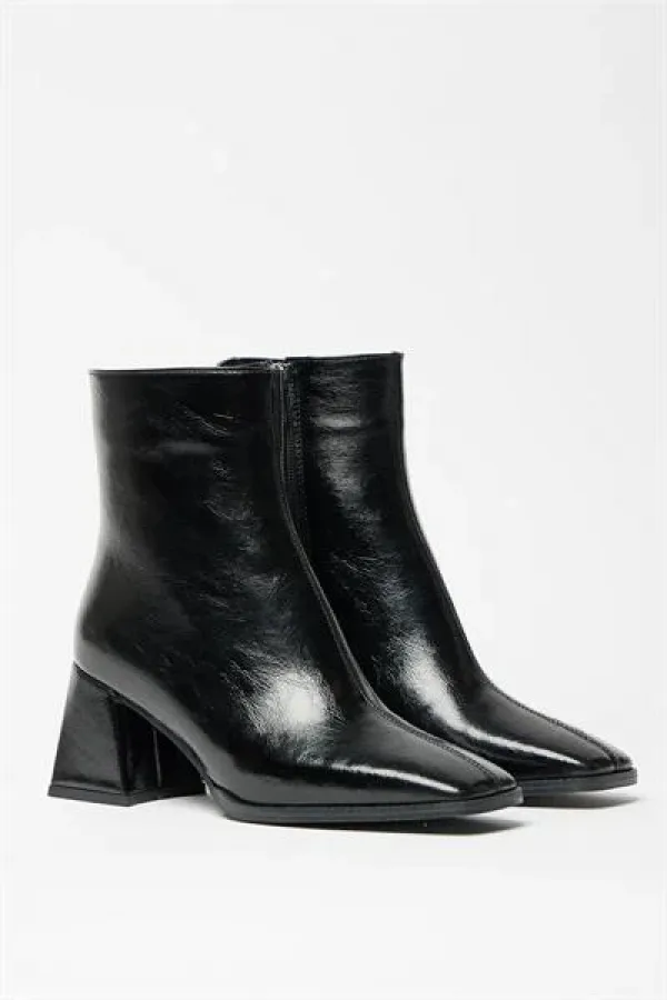 Bottes et bottines en cuir verni noir pour femmes, bout arrondi, talon contrasté, cuir PU, fermeture éclair, élégantes