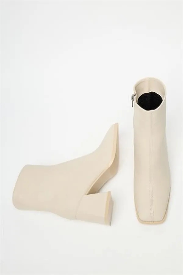 Bottes et bottines beiges pour femmes, bout rond, talons contrastés, cuir PU, fermeture éclair, élégantes