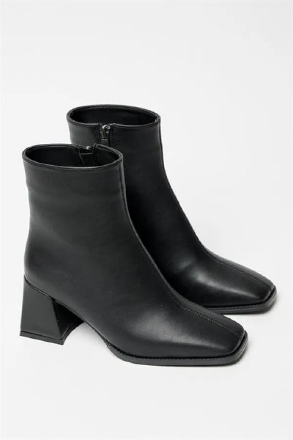 Bottes et bottines noires pour femmes, bout rond, talon contrasté, cuir PU, fermeture éclair, élégantes